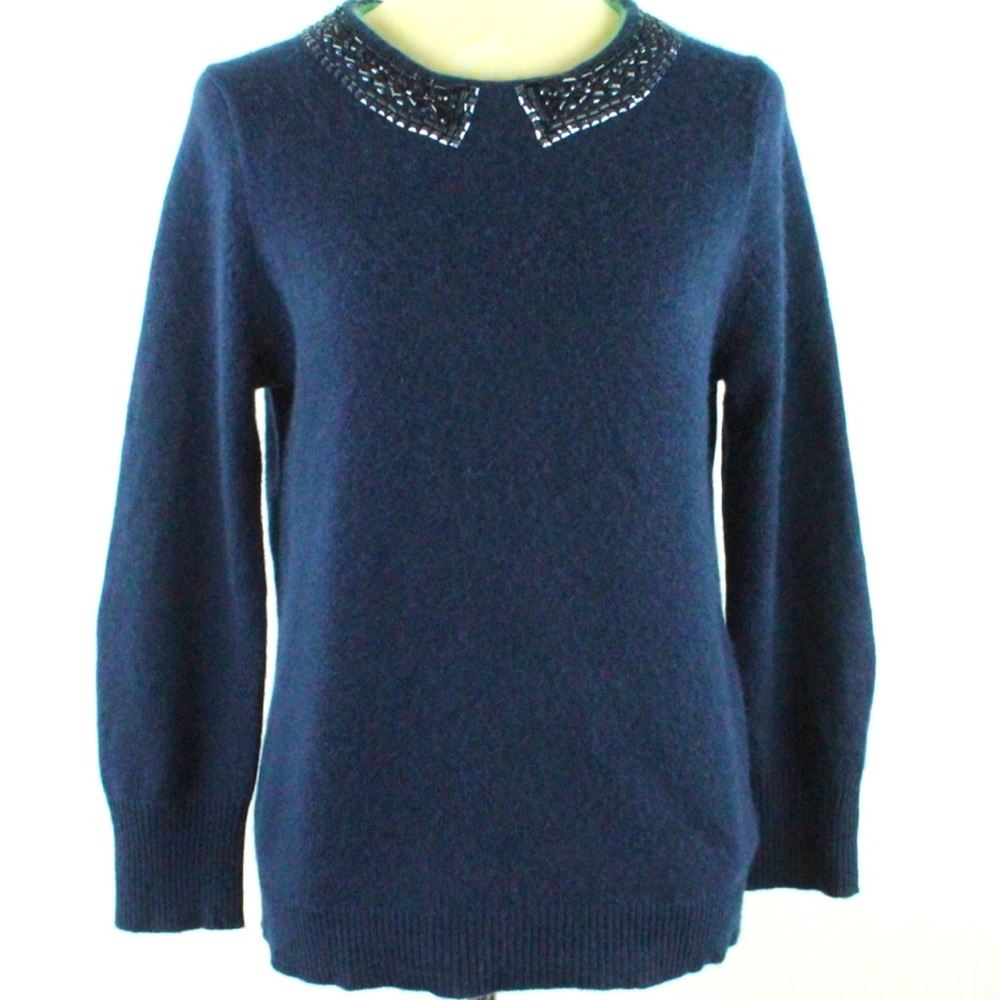 J. Crew Collection | Navy Italian Cashmere Sweater Gem Embellished Collar | L